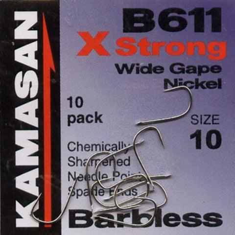 Kamasan B611 Spade End Barbless X Strong Wide Gape Nickel Hooks